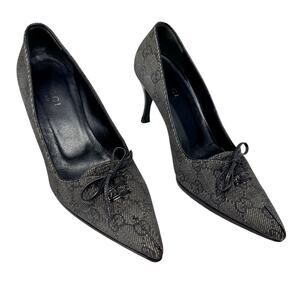 Gucci GG Monogram Pumps Bow Pointed Toe Heels 37C Black Gray Italy